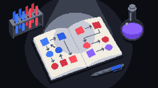 Pixel illustration: an open lab notebook with diagrams, a rack of blue and red test strips, a violet flask and a pen on a dark desk.